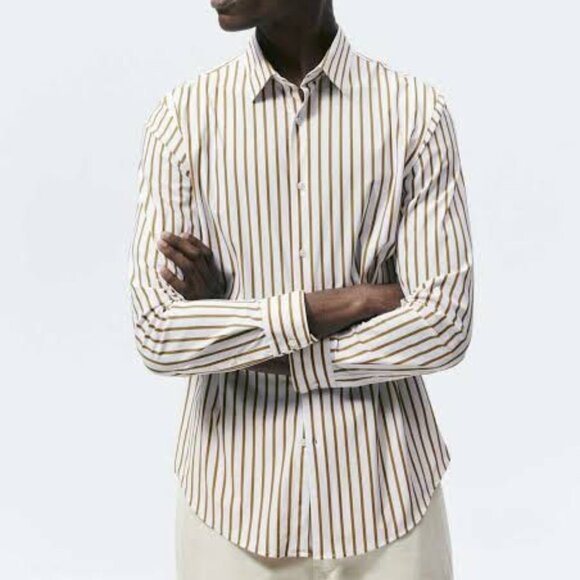 *3/$10* Zara Silky Striped Button Down Long Sleeve Shirt White Gold Size Medium - Picture 1 of 5